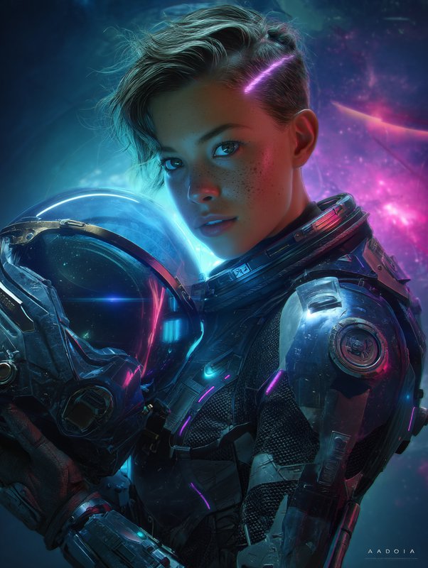 Futuristic female astronaut in a neon-lit spacesuit with helmet, cosmic backdrop.