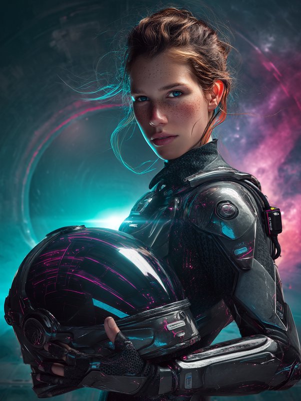 Woman in a futuristic spacesuit holding a glossy helmet, illuminated by neon lighting.