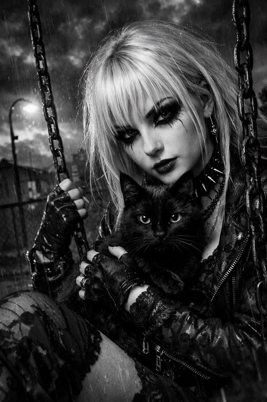 Gothic woman with platinum blonde hair and dark makeup holds a black cat on a swing in the rain.