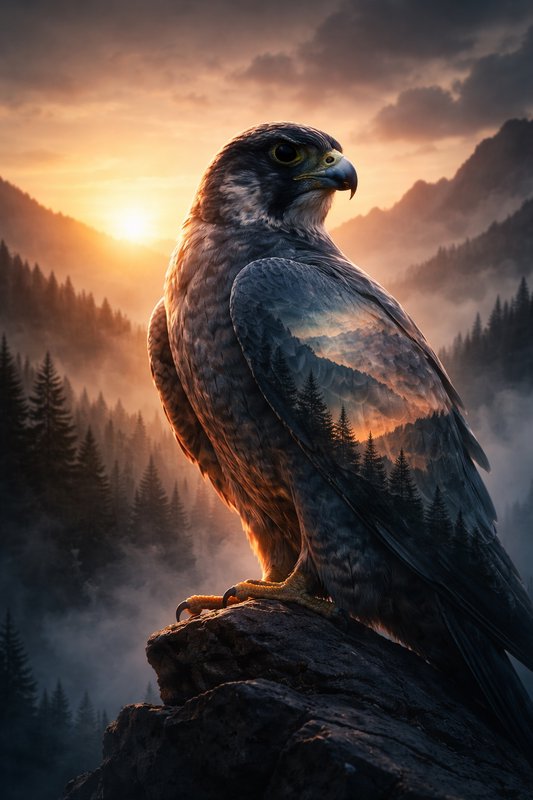A majestic hawk perched on a rocky cliff at sunset over misty pine-covered mountains.