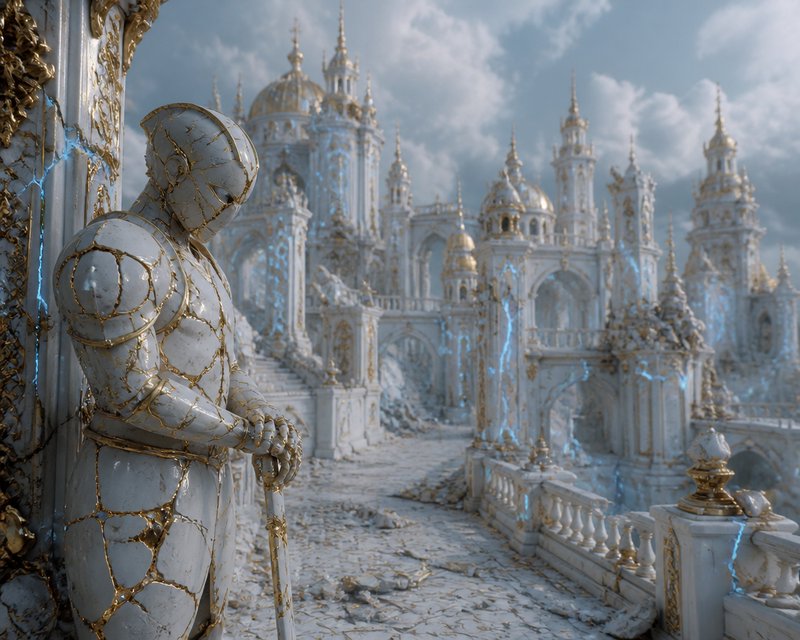 Cracked marble statue leaning against an ornate white-and-gold fantasy ruin with blue veins and spired towers.