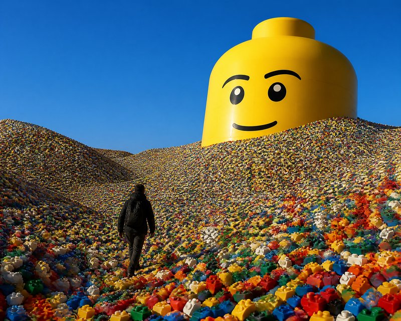Large yellow LEGO head sculpture rising from a hill of colorful bricks, with a person walking toward it.