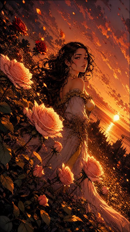 Woman in a flowing gown among pink roses at sunset with warm golden-hour light