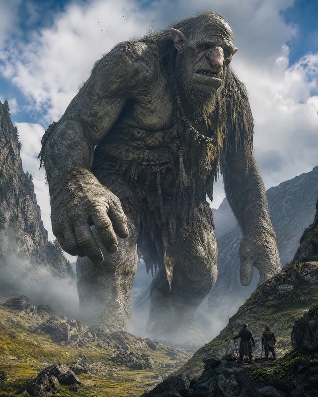 A colossal ogre towers over a rocky valley as two travelers gaze up in awe.