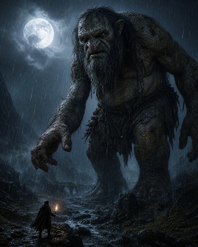 Giant ogre looms in a moonlit, rain-soaked landscape as a lone traveler carries a torch.