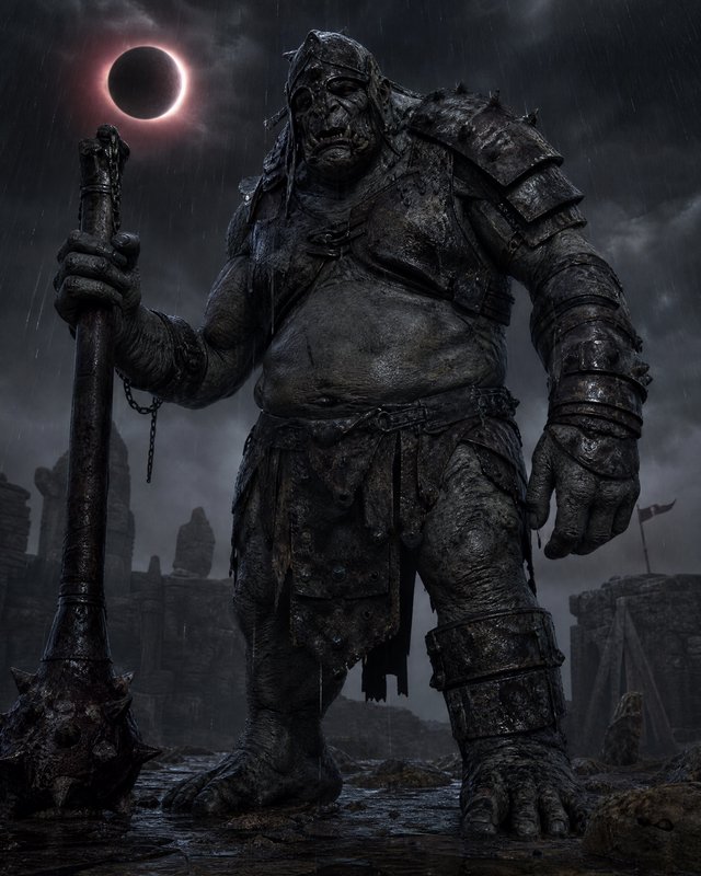 Heavy armored ogre-like warrior in rain, holding a spiked hammer beneath a solar eclipse.