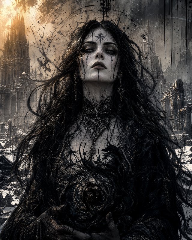 Gothic woman with dark flowing hair and ornate jewelry in a ruined cityscape