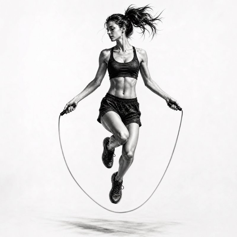 Woman in athletic wear jumping rope mid-air, black-and-white fitness photo.