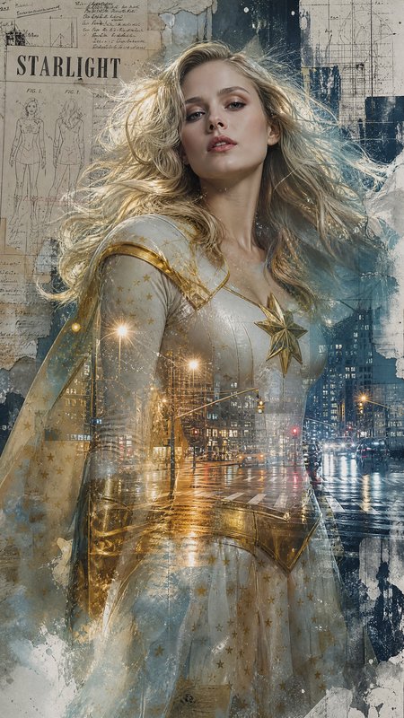 Portrait of a blonde woman in a white and gold superhero suit with a star emblem, against a neon city night.