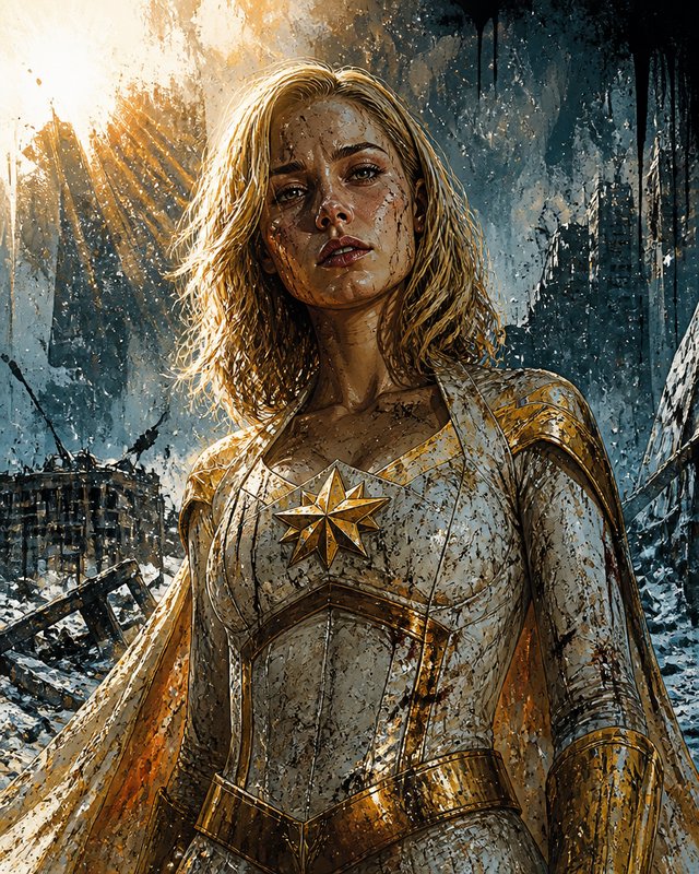 Heroine in weathered golden armor stands in a ruined city, mud-splattered with dramatic sun rays.