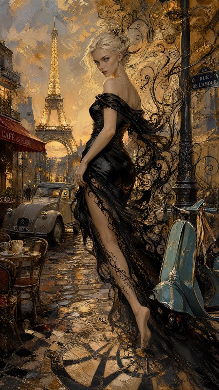 Elegant blonde woman in a flowing black lace dress on a Paris street with the Eiffel Tower in the background.