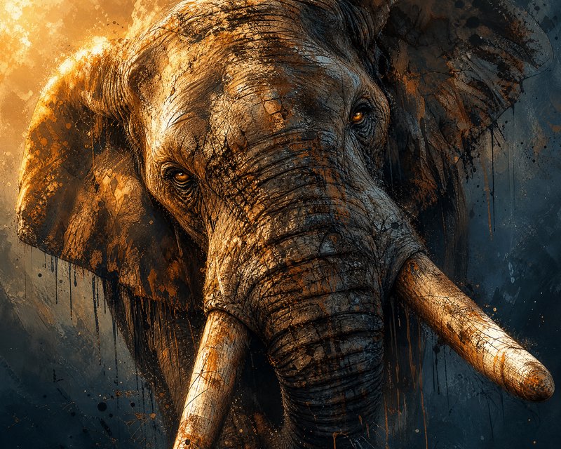 Paint-splattered elephant portrait with warm orange and dark blue tones.