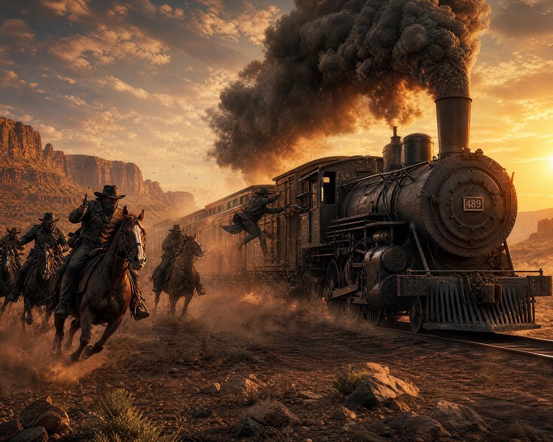 Old West steam locomotive blasting smoke as cowboys on horseback chase beside a desert track at sunset.