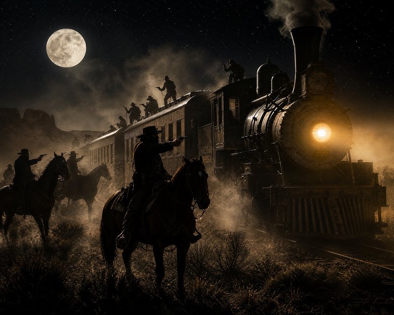 A moonlit desert scene with a steam locomotive and silhouetted riders on horseback and atop the train.