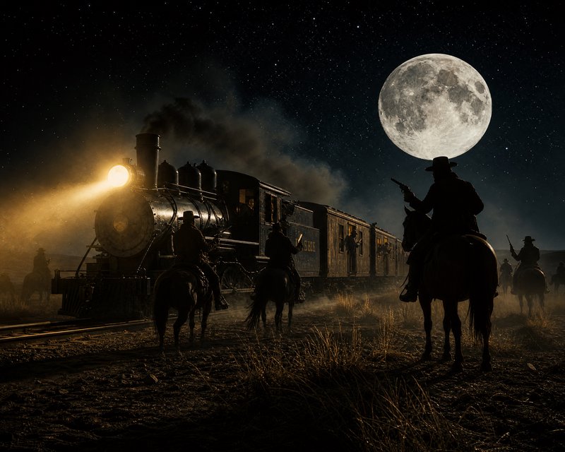 A moonlit night scene with a steam locomotive, riders on horseback, and a bright full moon in the starry sky.