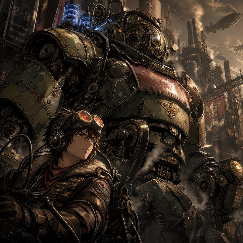 Steampunk pilot in a leather outfit beside a massive armored mech in a smoky industrial city.