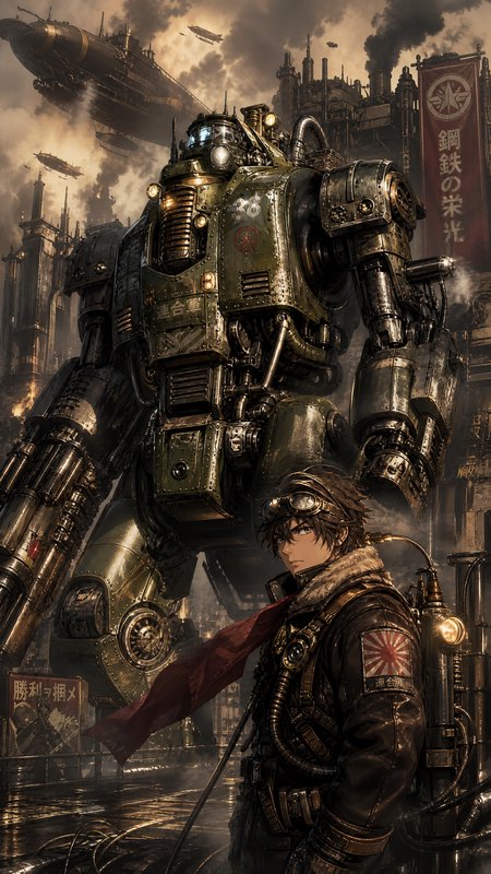 Giant steampunk battle mecha looming over a rugged pilot in a leather jacket amid a smoky industrial city.