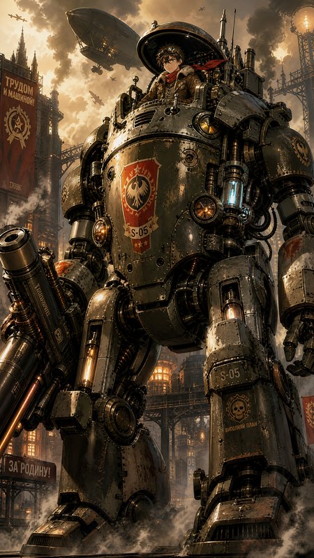 A colossal steampunk mech towers over a smoky industrial cityscape with banners and gears.