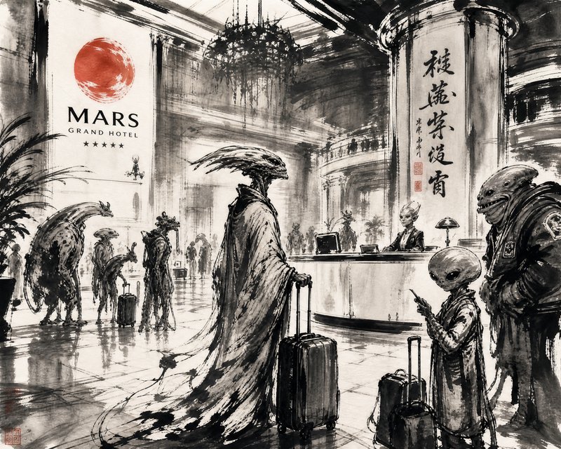 Monochrome sci-fi hotel lobby with alien travelers waiting with luggage.