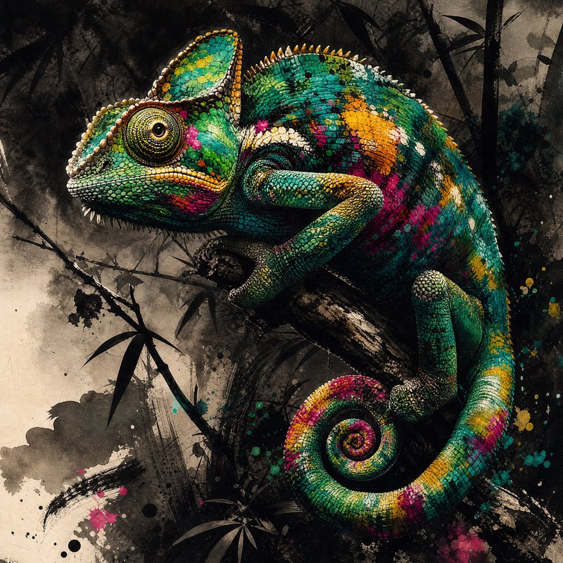 Colorful chameleon with mosaic scales perched on a branch against a dark, splattered background.