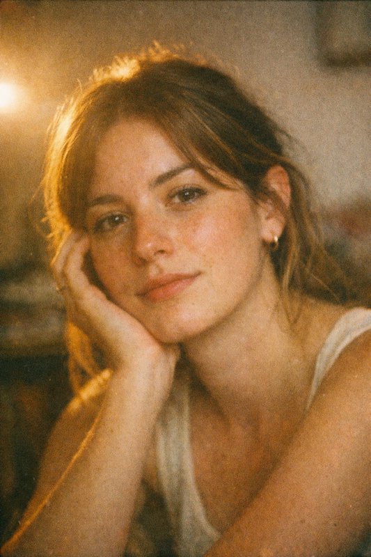 Portrait of a young woman resting her head on her hand under warm, golden lighting.
