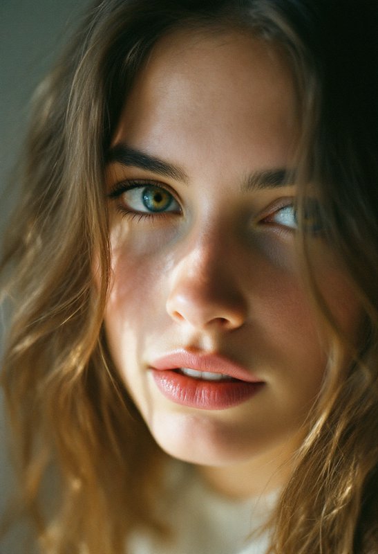 Close-up portrait of a young woman with green eyes and wavy light brown hair, soft lighting