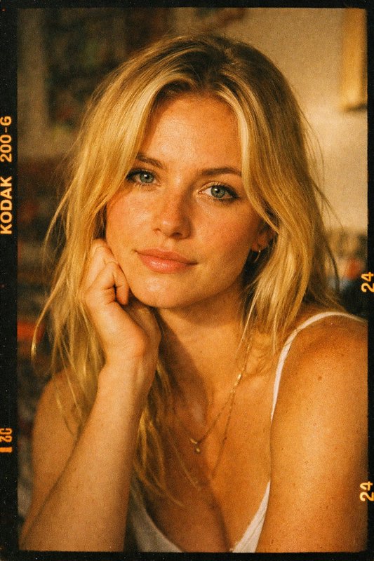 Portrait of a young blonde woman with her hand under her chin, wearing a white tank top, in warm vintage film lighting.