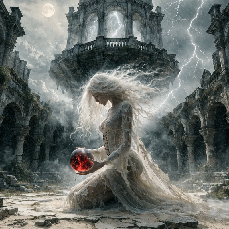 A breathtaking, hyperrealistic image in which two impossible realms collide along the diagonal of the composition: In the lower section, a sun-drenched medieval courtyard of an ancient castle is bathed in the light of the full moon.
Hovering weightlessly above it is a medieval throne room, suspended amidst storm-lit clouds.
At the colossal nexus of these worlds kneels a platinum-haired, nearly nude sorceress; her tattered, translucent gown of ivory silk—embroidered with celestial runes—billows against the tight lacing of her corset. One of her hands sinks into the earth of the courtyard, which has now crumbled into sand; the other clutches a luminous glass orb, within which glows a scarlet glimmer.
The boundaries between the two worlds flow seamlessly into one another.
No signature!