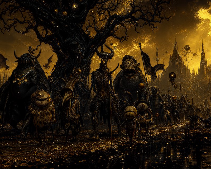 Dark fantasy procession of horned creatures marching under a gold-lit sky near a twisted tree and gothic towers.