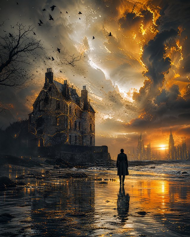 Silhouette of a person in a long coat facing a crumbling castle at sunset, with dramatic stormy clouds and reflections