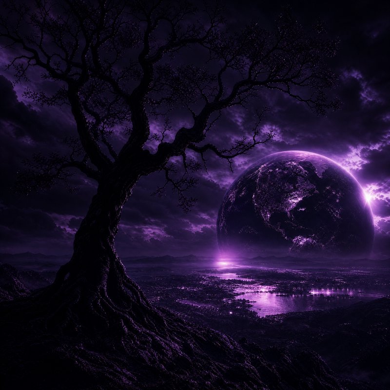 Ancient twisted tree silhouette beside a glowing purple planet over a reflective lake.