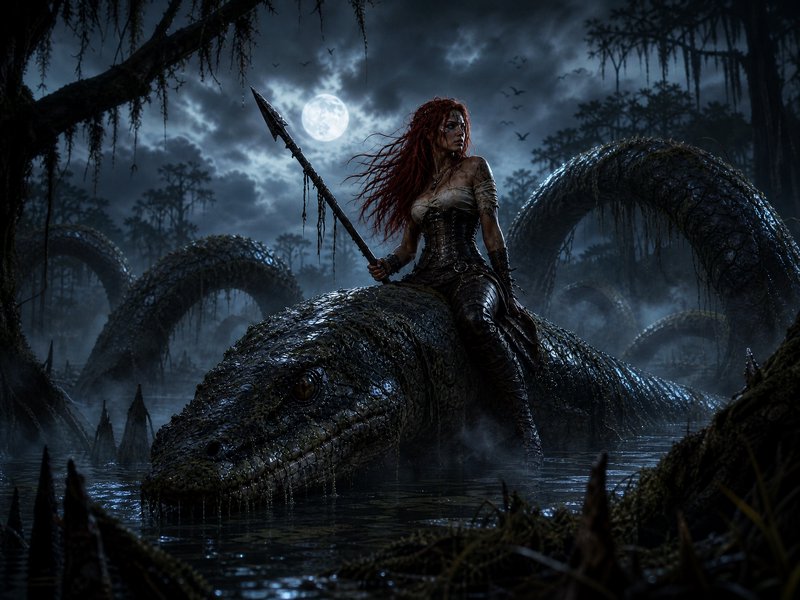 Dark fantasy scene of a warrior woman riding a giant dragon in a moonlit swamp