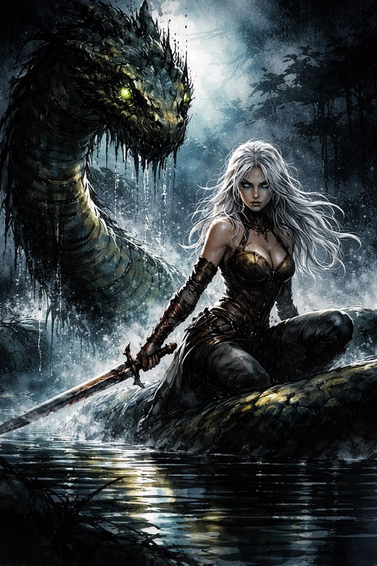 Female warrior with silver hair and sword beside a dragon in a dark swamp.
