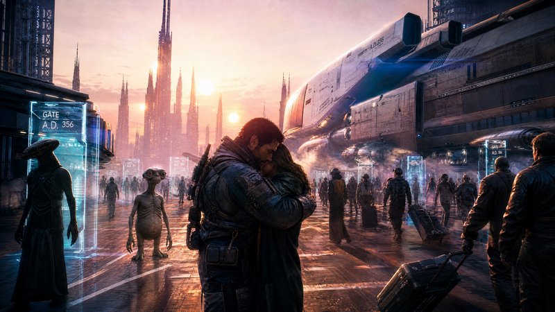 Couple embraces in a futuristic city square with aliens and a large spaceship at sunset.