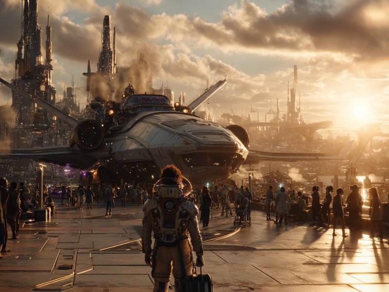 Futuristic spaceport with a large spacecraft, crowd, and glowing skyline at sunset