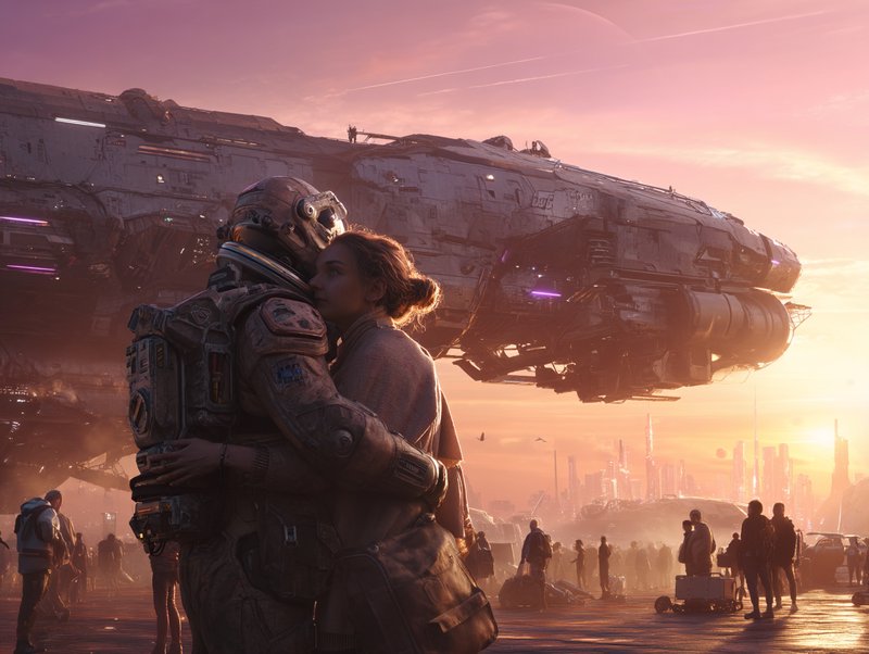 Astronaut embraces a woman near a massive sci‑fi spaceship at sunset.