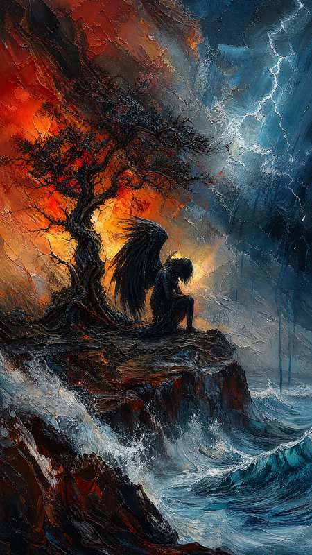 Dark winged figure on a cliff beside a twisted tree, with fiery orange-left and stormy blue-right hues.