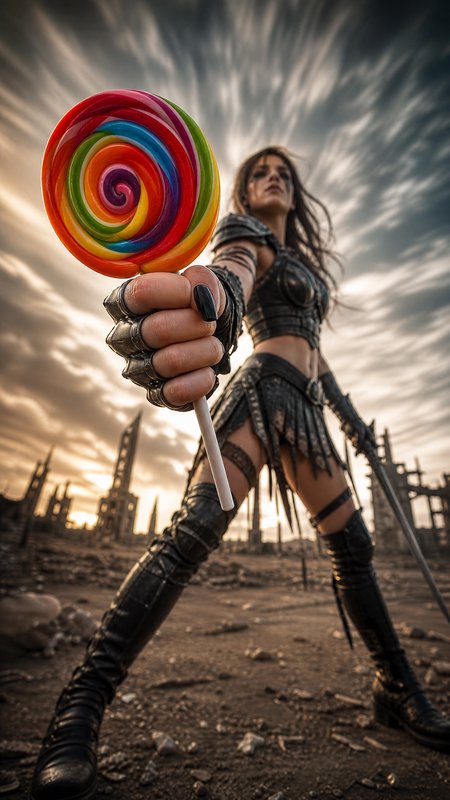 Warrior woman in armor holds a large rainbow lollipop toward the camera in a desolate industrial landscape.