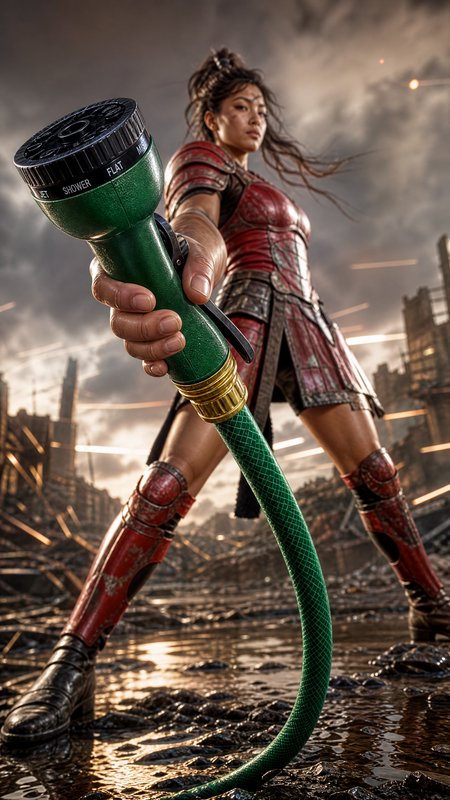 Female warrior in red armor brandishing a green hose nozzle in a post-apocalyptic battlefield.