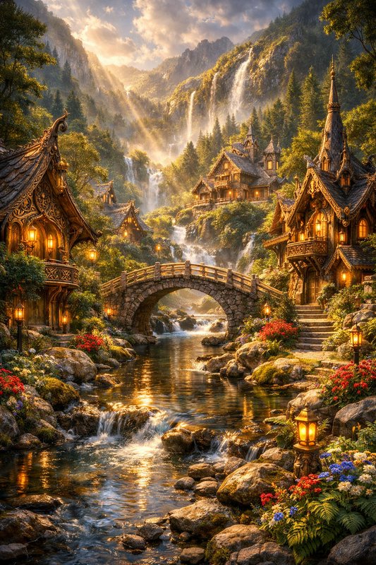 Enchanting fantasy village with stone bridge over a serene river and woodland cottages at sunset