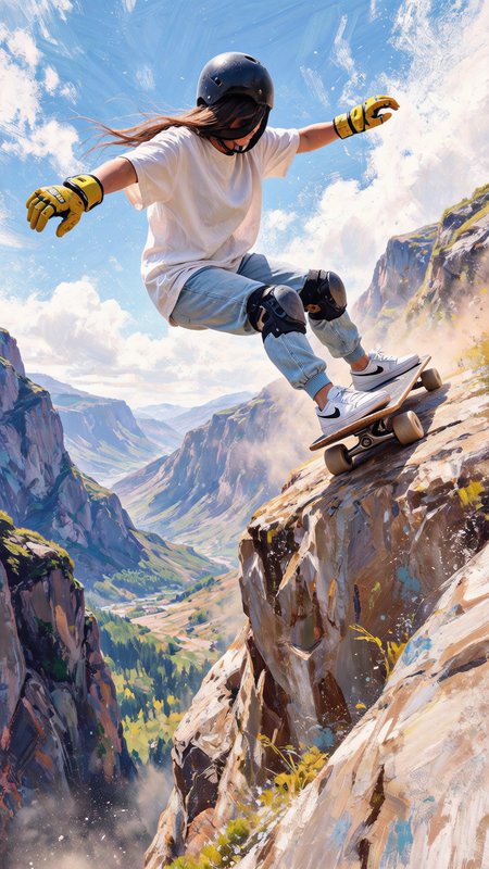Person skateboarding off a rocky cliff in the mountains, wearing a helmet and pads, mid-air.
