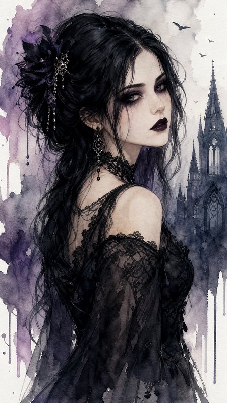 Gothic woman in black lace dress with purple watercolor background and cathedral silhouette