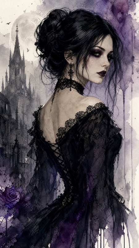 Gothic portrait of a dark-haired woman in a lace black gown against a moody cathedral backdrop.