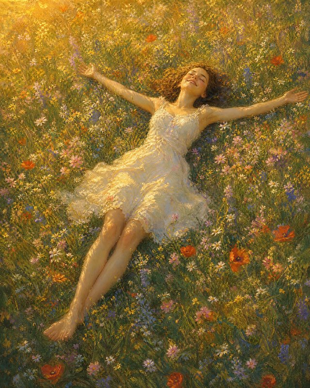 Woman in a white dress lying in a field of wildflowers with arms outstretched