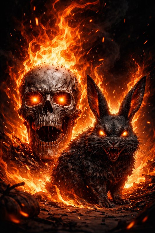 Flaming skull and menacing black rabbit with glowing eyes in fire