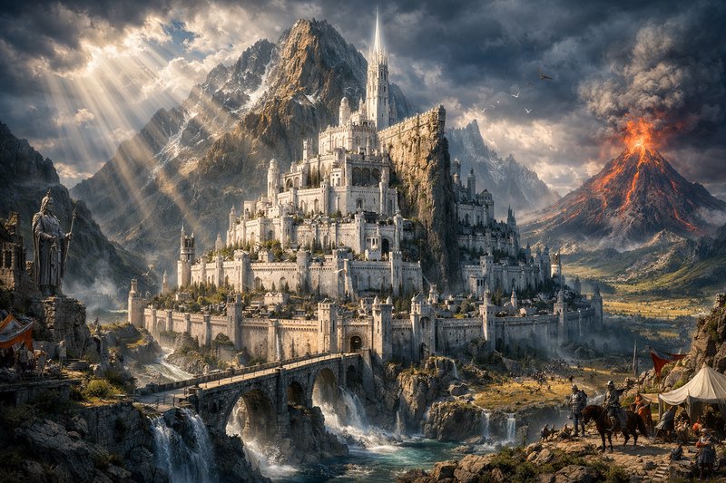 Majestic fantasy castle perched on rocky cliffs with a stone bridge and erupting volcano in the distance