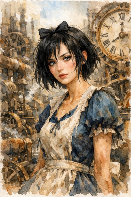 Watercolor illustration of a young woman with short black hair and a bow, in a blue dress and apron among steampunk gears.
