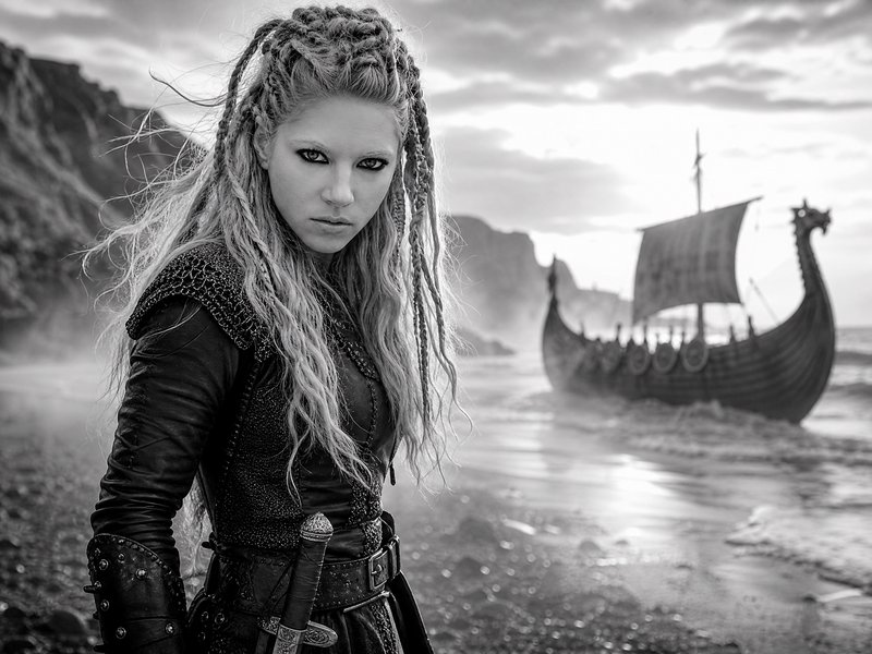 A fierce Viking-inspired warrior woman in armor with braided hair on a rocky shore, a longship silhouette in the misty