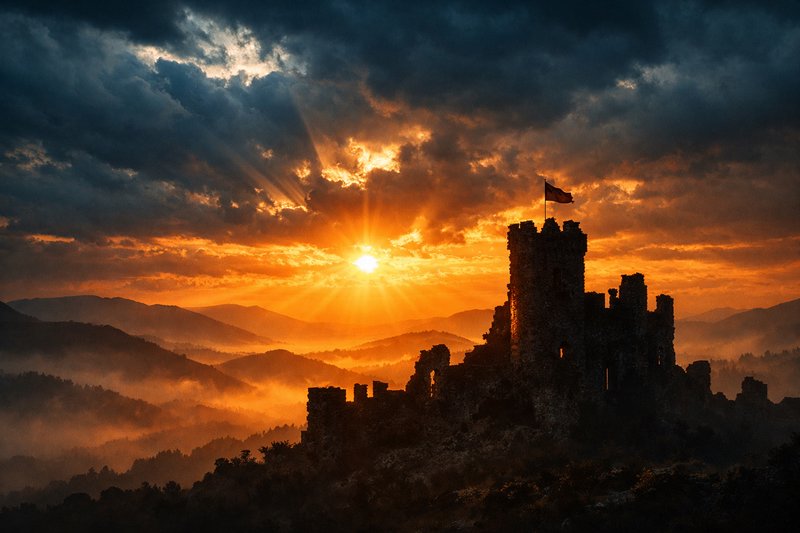 Ruined medieval castle on a hill at sunset with dramatic golden light and misty valleys.