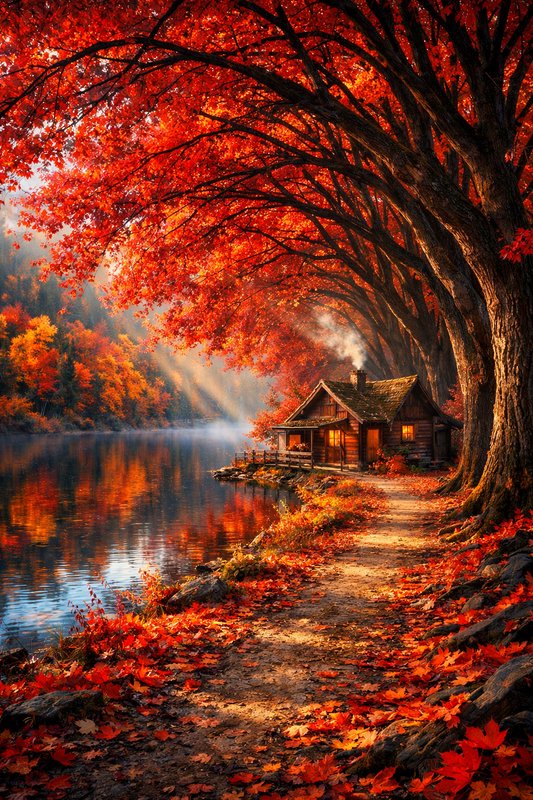 Autumn lakeside scene with red maple trees arching over a cabin by still water.